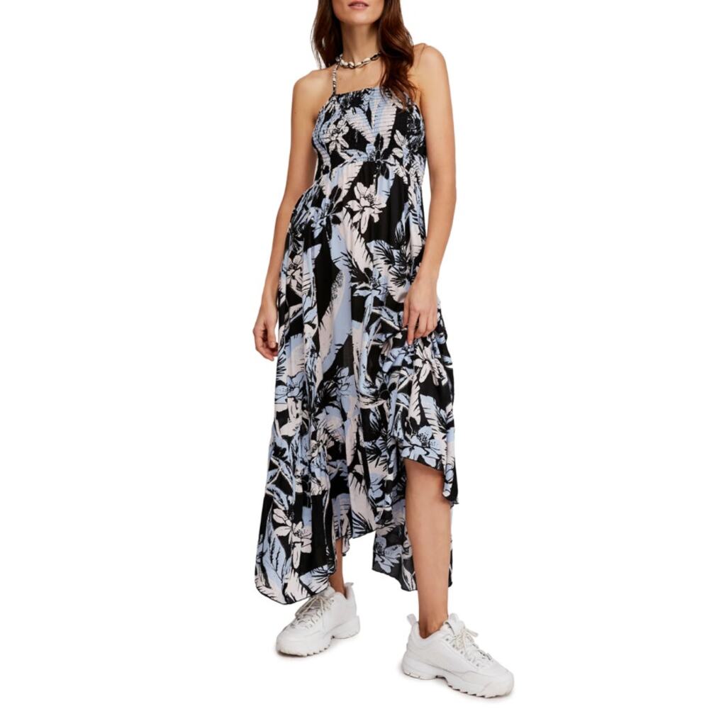 Free People Black Blue Tiered Sleeveless Maxi Dress Handkerchief Hem size Small